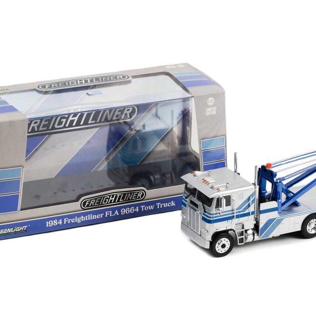 1984 Freightliner FLA 9664 Tow Truck Silver with Blue Stripes 1/43 Diecast Model Car by Greenlight