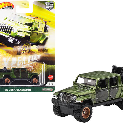 2020 Jeep Gladiator Rubicon Pickup Truck with Two Motorcycles Green Metallic and Gray "Hyper Haulers" Series Diecast Model Car by Hot Wheels