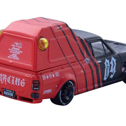 Nissan Sunny "Hakotora" Pickup Truck RHD (Right Hand Drive) #09 with Camper Shell Red and Black "09 Racing #Decepcionez" with Keychain Gift 1/64 Diecast Model Car by Inno Models