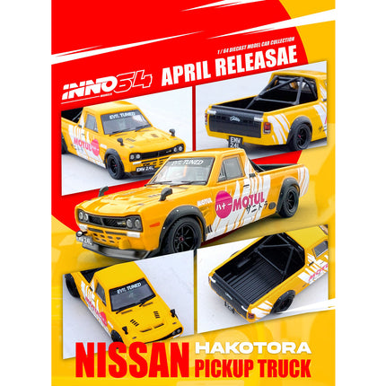 Nissan Sunny "Hakotora" Pickup Truck RHD (Right Hand Drive) "Motul" Yellow with White Stripes 1/64 Diecast Model Car by Inno Models