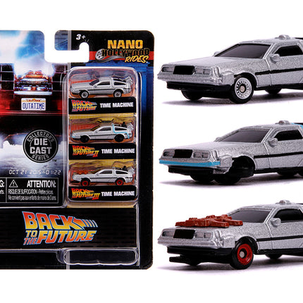 "Back to the Future" Time Machine 3 piece Set "Nano Hollywood Rides" Diecast Model Cars by Jada