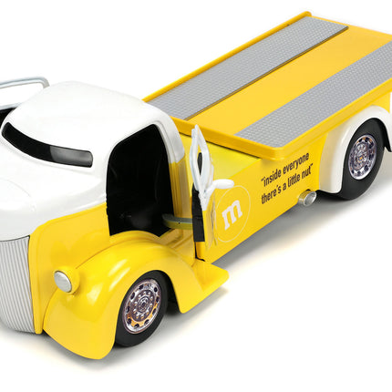 1947 Ford COE Flatbed Truck Yellow Metallic with White Top and Yellow M&M Diecast Figure "M&M's" "Hollywood Rides" Series 1/24 Diecast Model Car by Jada