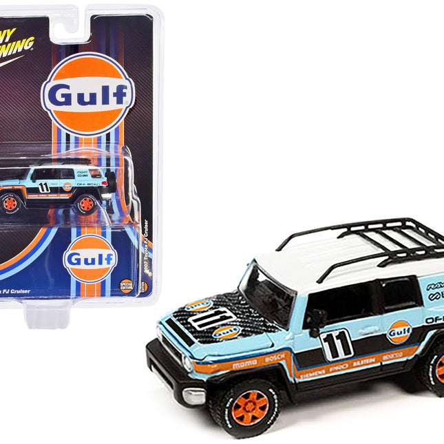 2007 Toyota FJ Cruiser #11 Light Blue "Gulf Oil" with Roofrack Limited Edition to 6000 pieces Worldwide 1/64 Diecast Model Car by Johnny Lightning