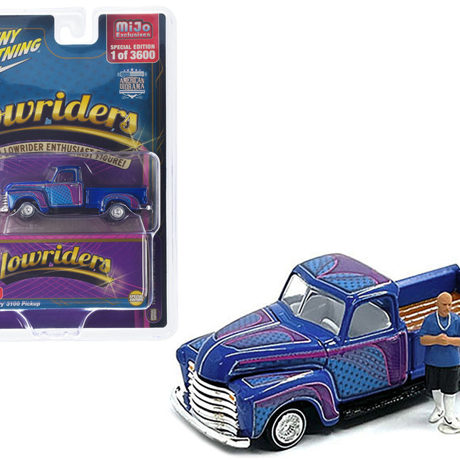 1950 Chevrolet 3100 Pickup Truck Lowrider Blue with Graphics and Diecast Figure Limited Edition to 3600 pieces Worldwide 1/64 Diecast Model Car by Johnny Lightning