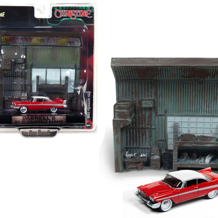 1958 Plymouth Fury Red with "Darnell's Garage" Interior Diorama from "Christine" (1983) Movie 1/64 Diecast Model by Johnny Lightning