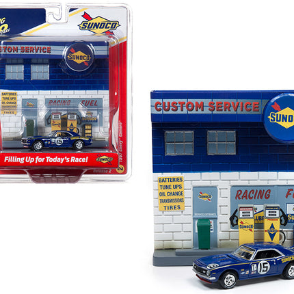 1967 Chevrolet Camaro #15 "Sunoco" with "Sunoco" Exterior Service Gas Station Facade Diorama Set "Johnny Lightning 50th Anniversary" 1/64 Diecast Model Car by Johnny Lightning