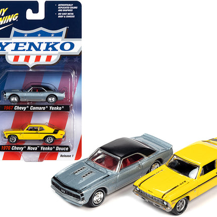 1967 Chevrolet Camaro Yenko Blue Metallic with Black Top and 1970 Chevrolet Nova Yenko Deuce Yellow MCACN (Muscle Car & Corvette Nationals) Set of 2 Cars Limited Edition to 2004 pieces Worldwide 1/64 Diecast Model Cars by Johnny Lightning