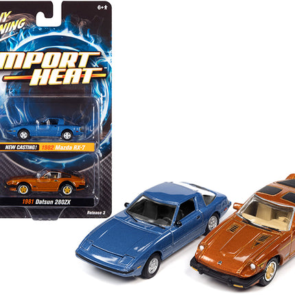 1982 Mazda RX-7 Blue Metallic and 1981 Datsun 280ZX Orange Mist Metallic "Import Heat" Set of 2 Cars 1/64 Diecast Model Cars by Johnny Lightning