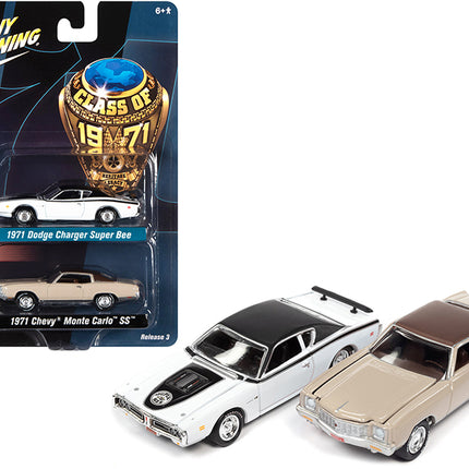 1971 Dodge Charger Super Bee White and 1971 Chevrolet Monte Carlo SS Sandalwood Brown "Class of 1971" Set of 2 Cars 1/64 Diecast Model Cars by Johnny Lightning