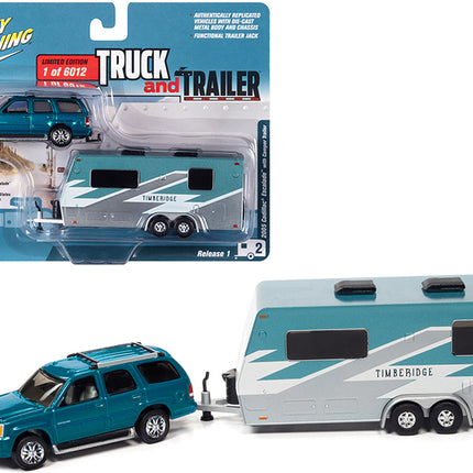 2005 Cadillac Escalade Teal Metallic with Camper Trailer Limited Edition to 6012 pieces Worldwide "Truck and Trailer" Series 1/64 Diecast Model Car by Johnny Lightning