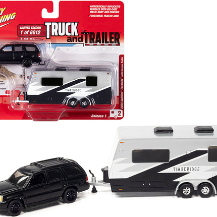 2005 Cadillac Escalade Matt Black with Camper Trailer Limited Edition to 6012 pieces Worldwide "Truck and Trailer" Series 1/64 Diecast Model Car by Johnny Lightning