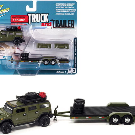 2004 Hummer H2 Medium Sage Green with Open Trailer Limited Edition to 6012 pieces Worldwide "Truck and Trailer" Series 1/64 Diecast Model Car by Johnny Lightning