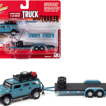 2004 Hummer H2 Ocean Blue with Open Trailer Limited Edition to 6012 pieces Worldwide "Truck and Trailer" Series 1/64 Diecast Model Car by Johnny Lightning