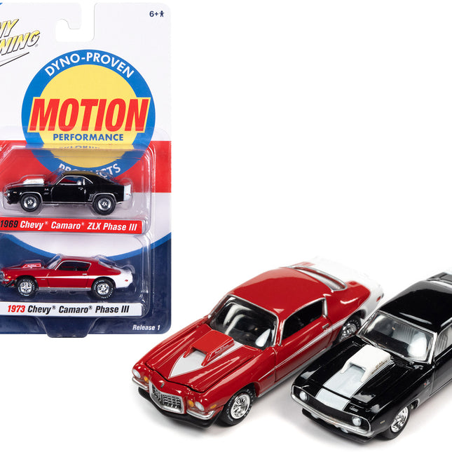 1969 Chevrolet Camaro ZLX Phase III Black with White Stripes and 1973 Chevrolet Camaro Phase III Medium Red and White "Baldwin Motion" Set of 2 Cars 1/64 Diecast Model Cars by Johnny Lightning