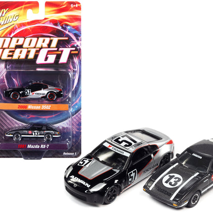 2006 Nissan 350Z #57 Black and Silver with Graphics and 1981 Mazda RX-7 #13 Dark Silver with Stripes "Import Heat GT" Set of 2 Cars 1/64 Diecast Model Cars by Johnny Lightning