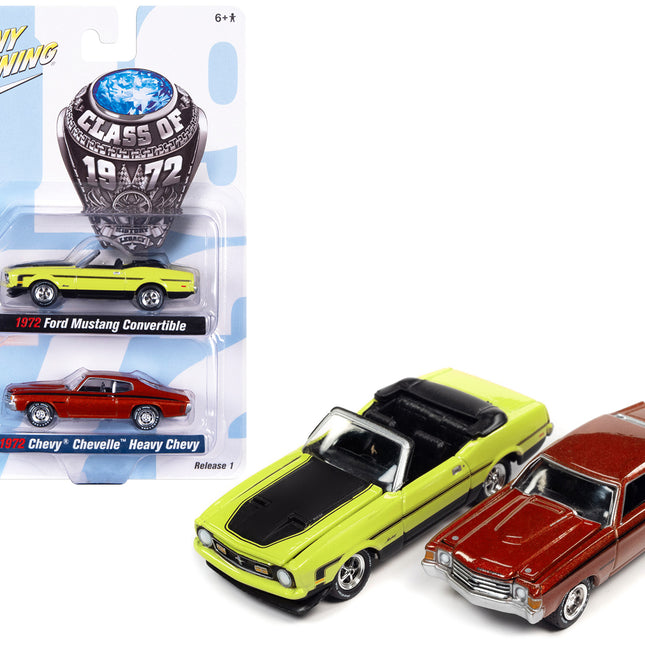 1972 Ford Mustang Convertible Bright Lime Green with Black Hood and Stripes and 1972 Chevrolet Chevelle SS Heavy Chevy Orange Flame Metallic with Black Stripes "Class of 1972" Set of 2 Cars 1/64 Diecast Model Cars by Johnny Lightning