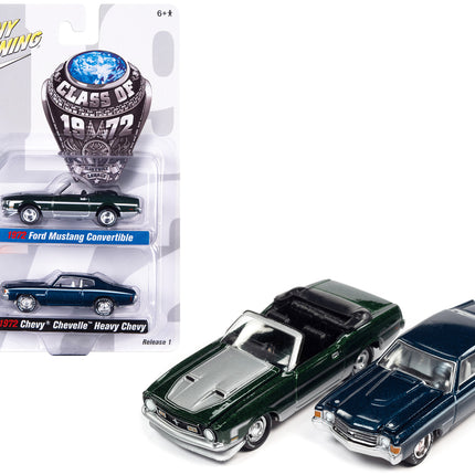 1972 Ford Mustang Convertible Dark Green Metallic with Silver Hood and Stripes and 1972 Chevrolet Chevelle SS Heavy Chevy Fathom Blue Metallic with White Stripes "Class of 1972" Set of 2 Cars 1/64 Diecast Model Cars by Johnny Lightning