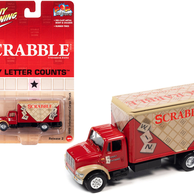 1999 International Cargo Truck Red with Graphics "Scrabble" "Pop Culture" 2022 Release 2 1/64 Diecast Model Car by Johnny Lightning