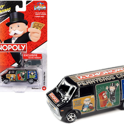 1976 Dodge Van Black "Pennybags Casino - Monopoly" with Dodge Van Monopoly Game Token "Pop Culture" 2022 Release 3 1/64 Diecast Model Car by Johnny Lightning