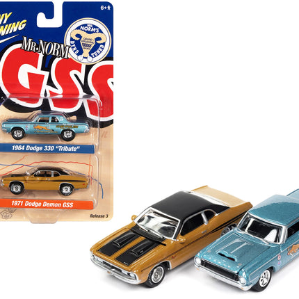 1964 Dodge 330 "Mr. Norm - Grand Spaulding Dodge" Blue Metallic and 1971 Dodge Demon GSS Butterscotch Orange with Black Top and Stripes "Mr. Norm GSS" Series Set of 2 Cars 1/64 Diecast Model Cars by Johnny Lightning