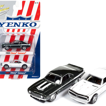 1969 Chevrolet Camaro Fathom Green Metallic with White Stripes and 1967 Chevrolet Camaro White with Black Nose Stripe "Yenko" Series Set of 2 Cars 1/64 Diecast Model Cars by Johnny Lightning