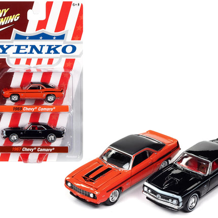 1969 Chevrolet Camaro Hugger Orange with Black Top and Stripes and 1967 Chevrolet Camaro Black with White Stripe and Red Interior "Yenko" Series Set of 2 Cars 1/64 Diecast Model Cars by Johnny Lightning