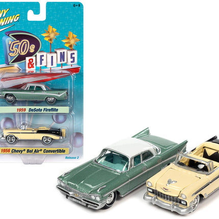 1959 Desoto Fireflite Surf Green Metallic with White Top and 1956 Chevrolet Bel Air Convertible Crocus Yellow and Black "'50s & Fins" Series Set of 2 Cars 1/64 Diecast Model Cars by Johnny Lightning