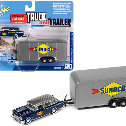 1955 Chevrolet Nomad "Sunoco" Blue Metallic with Gray Top with Enclosed Car Trailer Limited Edition to 9652 pieces Worldwide "Truck and Trailer" Series 1/64 Diecast Model Car by Johnny Lightning