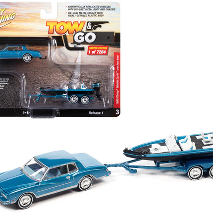 1980 Chevrolet Monte Carlo Bright Blue Metallic with Blue Interior with Bass Boat and Trailer Limited Edition to 7264 pieces Worldwide "Tow & Go" Series 1/64 Diecast Model Car by Johnny Lightning