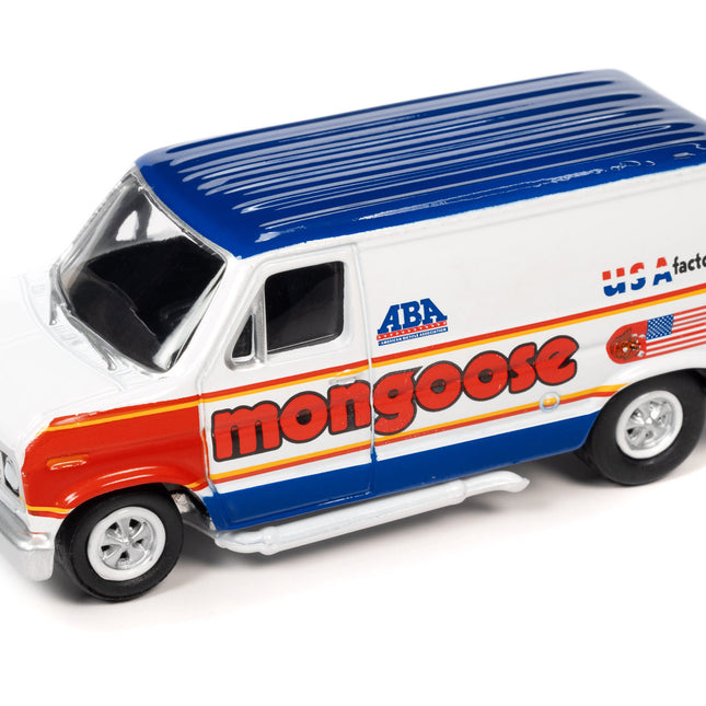 1965 Volkswagen Type 2 Transporter Van White w/ Red Top "Schwinn" & 1976 Ford Econoline Van White with Red & Blue Graphics "Mongoose USA Factory Team" "BMX Freestyle" Set of 2 Cars "2-Packs" 2023 Release 2 1/64 Diecast Model Cars by Johnny Lightning