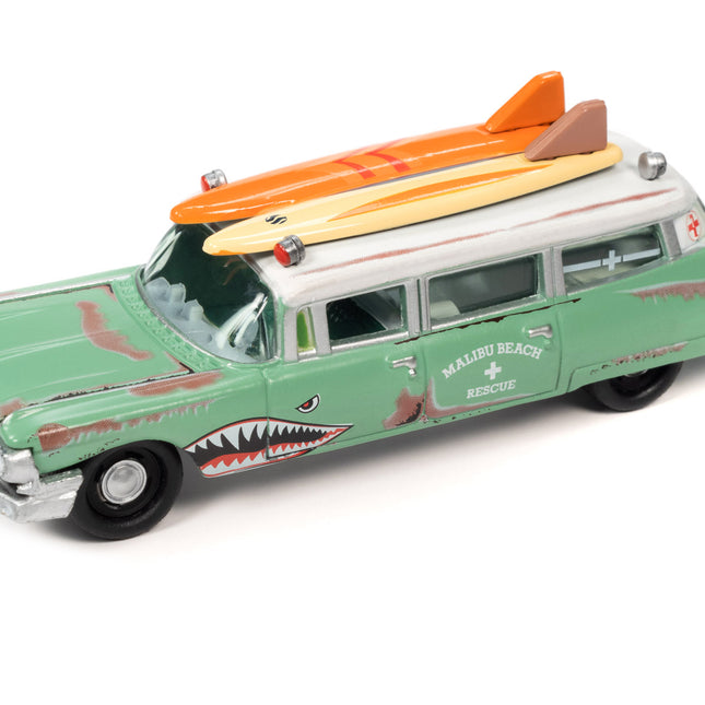 1950 Mercury Woody Wagon Matt Black w/ Wood Panels "Nomad Surf Shop" & 1959 Cadillac Ambulance Teal w/ Surf Shark Graphics & White Top Rusted "Malibu Beach Rescue" "Surf Rods" Set 2 Cars 2-Packs 2023 Release 2 1/64 Diecast Models by Johnny Lightning