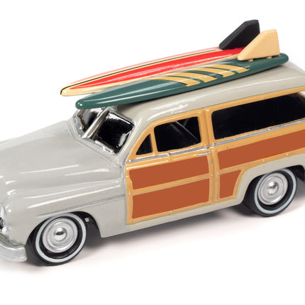 1950 Mercury Woody Wagon Dakota Gray with Wood Panels & Surfboards on Roof & 1959 Cadillac Ambulance Dull Red w/ Surfboards on Roof Cocoa Beach Rescue Patrol Surf Rods "Set of 2" Cars 2-Packs 2023 Release 2 1/64 Diecast Model Cars by Johnny Lightning