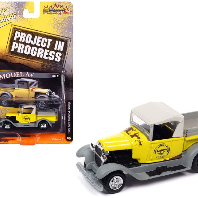 1929 Ford Model A Pickup Truck "Model A+" Yellow and Primer Gray "Project in Progress" Limited Edition to 2572 pieces Worldwide "Street Freaks" Series 1/64 Diecast Model Car by Johnny Lightning