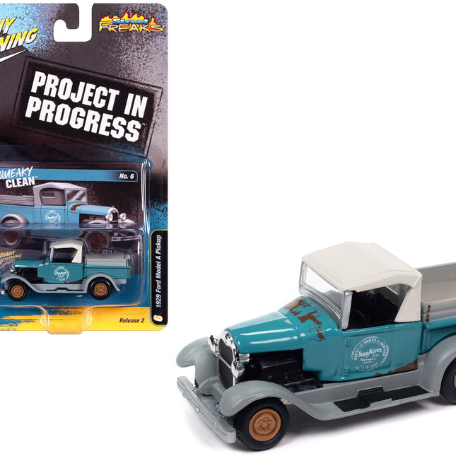 1929 Ford Model A Pickup Truck "Squeaky Clean" Aqua Blue and Primer Gray "Project in Progress" Limited Edition to 2572 pieces Worldwide "Street Freaks" Series 1/64 Diecast Model Car by Johnny Lightning