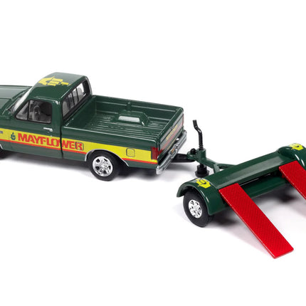 1993 Ford F-150 Pickup Truck Green and Yellow "Mayflower" with Tow Dolly "Tow & Go" Series 1/64 Diecast Model Car by Johnny Lightning