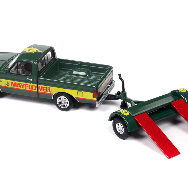 1993 Ford F-150 Pickup Truck Green and Yellow "Mayflower" with Tow Dolly "Tow & Go" Series 1/64 Diecast Model Car by Johnny Lightning