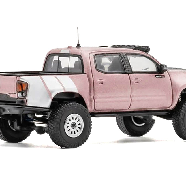 2022 Toyota Tacoma TRD PRO Pickup Truck Pink Metallic with White Stripes and Carbon Hood 1/64 Diecast Model Car by GCD