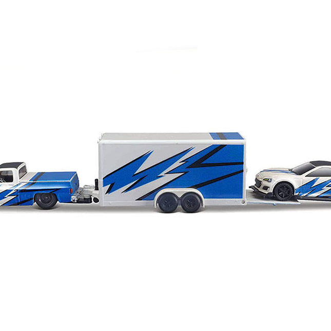 1987 Chevrolet 1500 Pickup Truck White with Blue Graphics and 2019 Subaru BRZ White with Blue Graphics with Enclosed Car Trailer "Team Haulers" Series 1/64 Diecast Model Car by Maisto