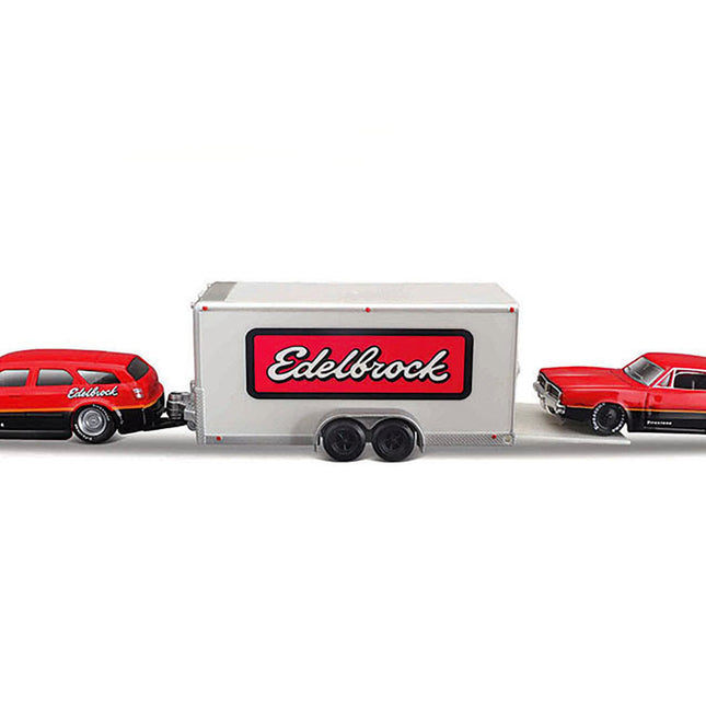 2006 Dodge Magnum R/T Red and Black and 1969 Dodge Charger R/T Red and Black with Enclosed Car Trailer "Edelbrock" "Team Haulers" Series 1/64 Diecast Model Car by Maisto