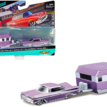 1959 Chevrolet Impala Purple Metallic with White Graphics and Alameda Trailer Purple Metallic and White "Tow & Go" Series 1/64 Diecast Model Car by Maisto