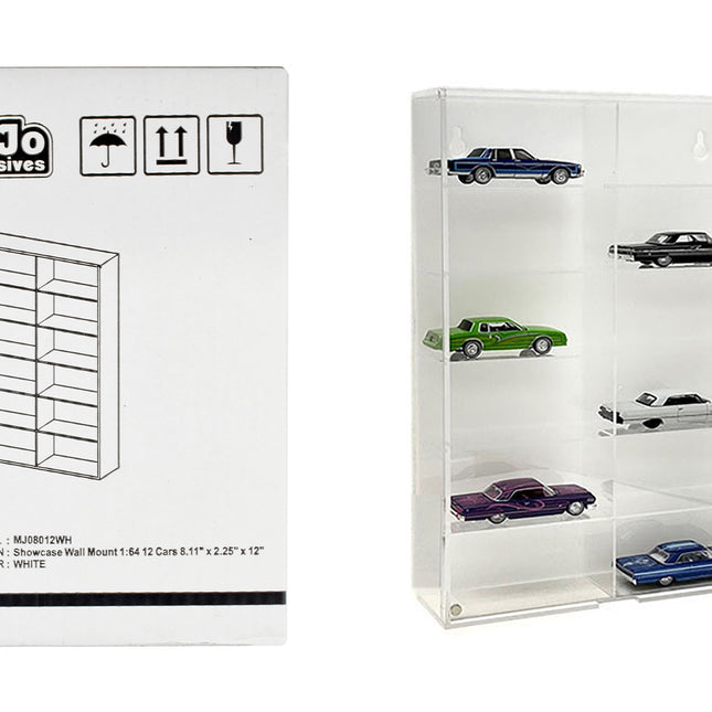 Showcase 12 Car Display Case Wall Mount with White Back Panel "Mijo Exclusives" for 1/64 Scale Models