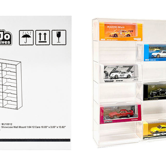 Showcase 12 Car Display Case Wall Mount with Clear Back Panel and Extra Space "Mijo Exclusives" for 1/64 Scale Models