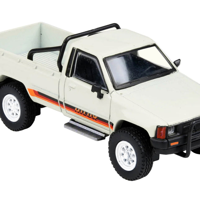 1984 Toyota Hilux Single Cab Pickup Truck White with Stripes 1/64 Diecast Model Car by Paragon Models