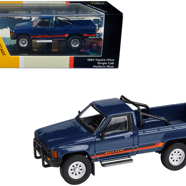 1984 Toyota Hilux Single Cab Pickup Truck Medium Blue with Stripes 1/64 Diecast Model Car by Paragon Models