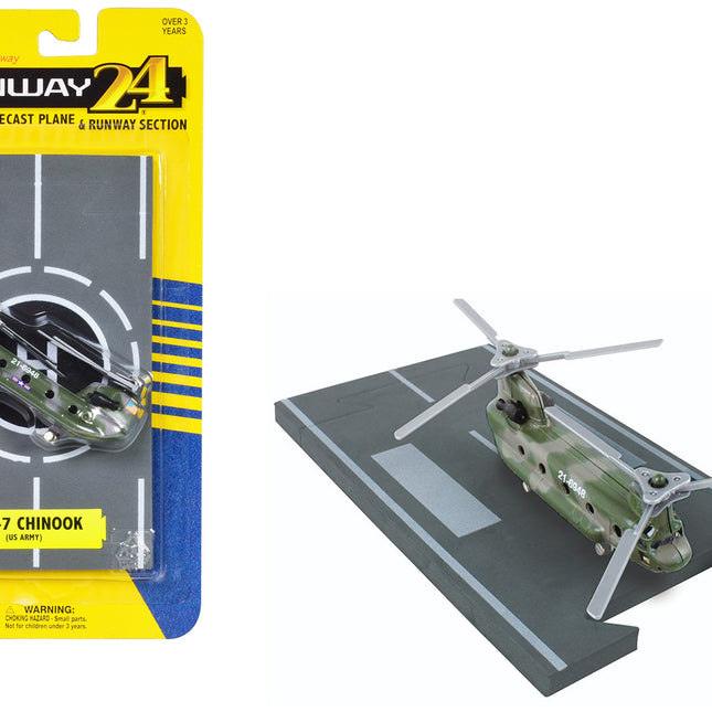 Boeing CH-47 Chinook Helicopter Olive Camouflage "United States Army" with Runway Section Diecast Model by Runway24