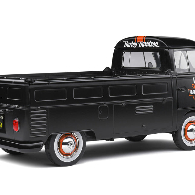 1950 Volkswagen T1 Custom Pickup Truck Matt Black with Orange Stripes "Harley Davidson" with Surfboard Accessory 1/18 Diecast Model Car by Solido