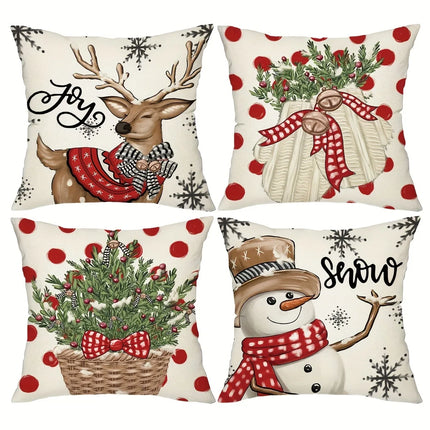 Christmas Pillow Cover with Snowman & Reindeer Pattern for Sofa