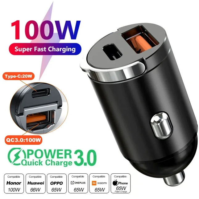 Mini 100W PD QC Car Charger: Fast USB-C Charging Adapter