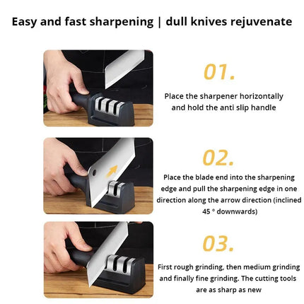 Black 3-in-1 Kitchen Knife Sharpener for Handheld Precision