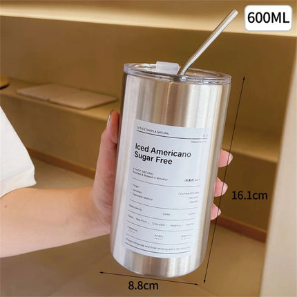 600ml Thermos Cup Stainless Steel Coffee Mug Leak-Proof with Straw